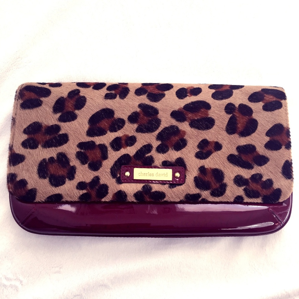 Charles David Leopard Red Clutch Patent Leather